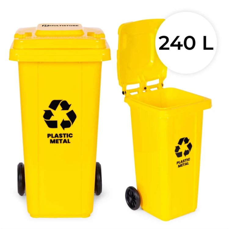 Odpadkový kôš 240 l, gumové kolesá – žltý plast